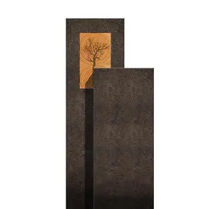 Amancio Lignum Moderner Doppelgrabstein - Granit - Zweiteilig mit Holz & Lebensbaum