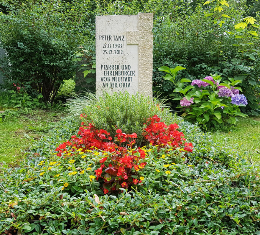 Grabstein Einzelgrab mit Grabkreuz / Grabmal mit immergrünen Bodendeckern